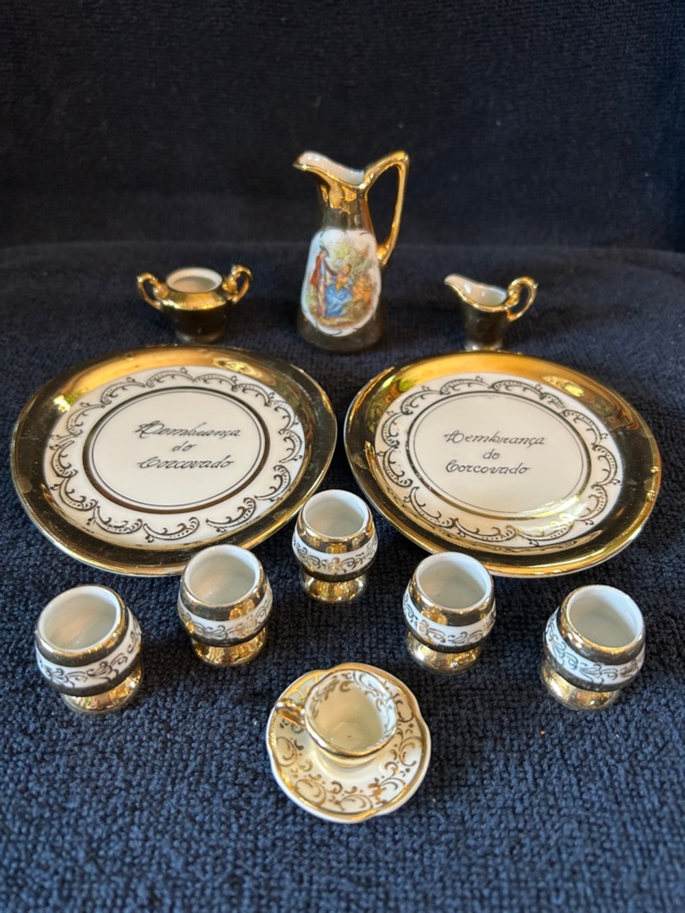 Vintage Gold-Trim Porcelain Miniature Souvenir Tea Set from Brazil